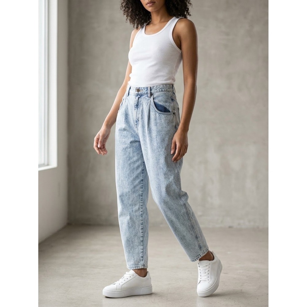 Brittania Vintage High Waisted Pleated Acid Wash Tapered Jeans Light Blue 27